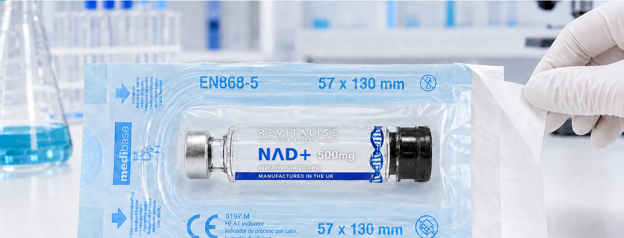 A gloved hand opening the sealed NΛD+ cartridge pouch from the white strip at the right-hand end
