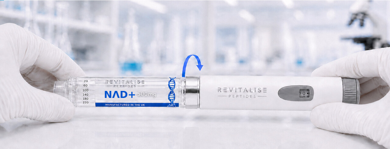 The loaded transparent cartridge carrier being screwed clockwise onto the Revitalise pen