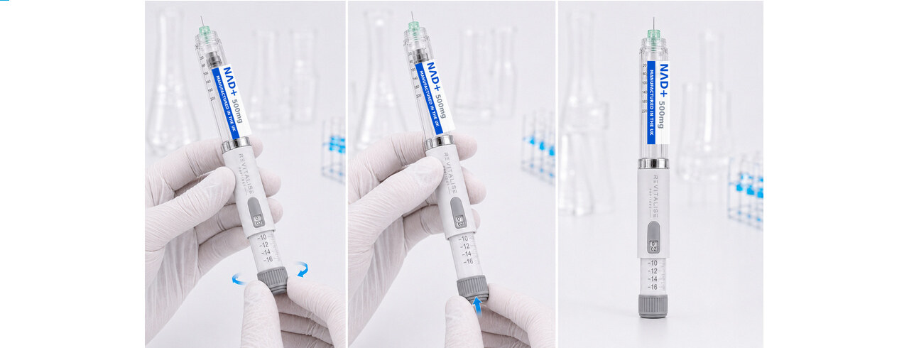 The pen held upright while the numbered rear sleeve extends for priming