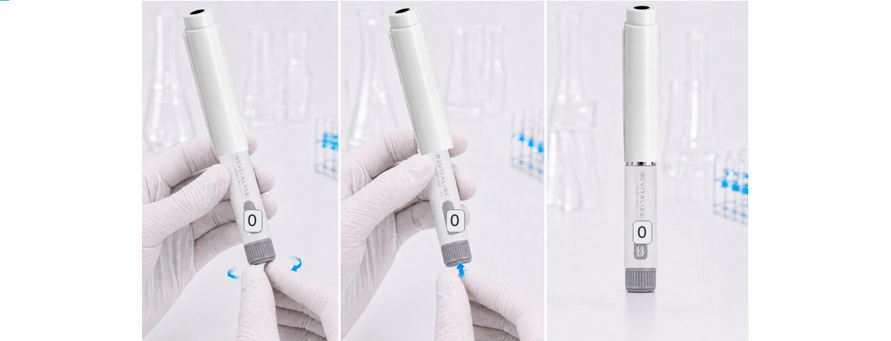 Three views of the capped pen with the rear dial retracted and counter returned to zero